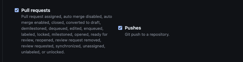 Example of the Pushes option enabled in the GitHub settings